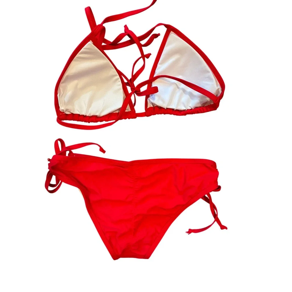 Bikini Set Women Small Red New Triangle Side‎ Tie Ruched Swimwear